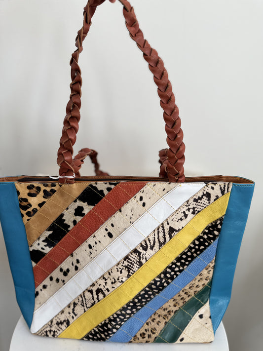 Joli Patchwork Animal Print Leather Braided Handle Tote Bag